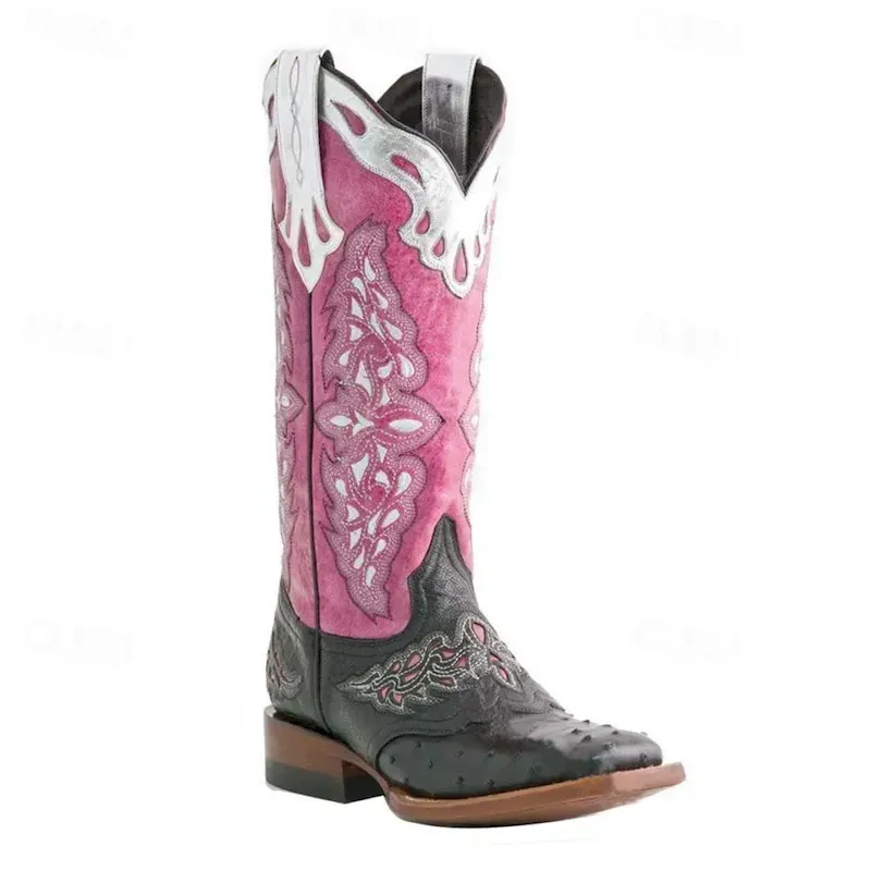 deidnm1695721497760.webp Women's Pink and Black Faux Leather Western Cowboy Boots with Intricate Embroidery - Knee-High Rodeo Boots for Country and Festival Wear 2025 - Image 1