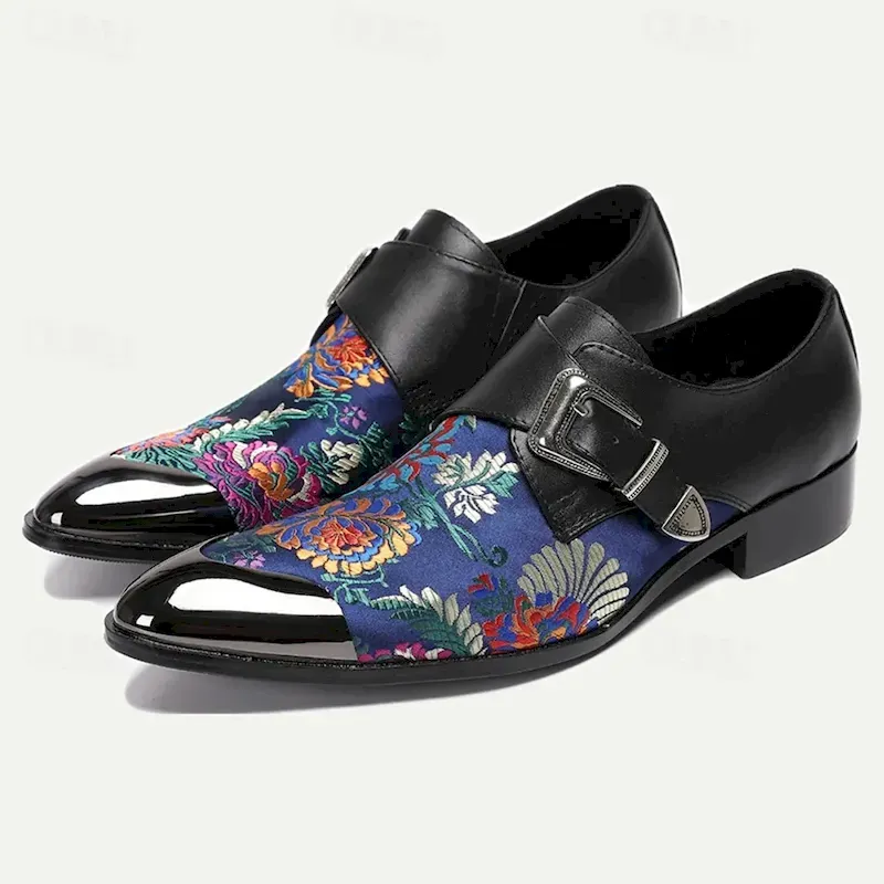 hgozbz1734349094498.webp Men's Premium Cowhide Leather & Jacquard Fabric Floral Embroidered Monk Shoes with Metal Toe Cap, Stylish Formal Footwear with Buckle Detail, Perfect - Image 1