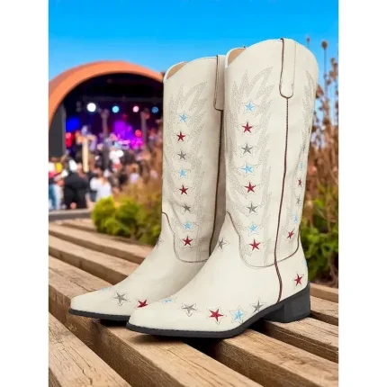 Women's Cream Western Cowboy Boots with Colorful Star Embroidery – Retro Mid-Calf Rodeo Boots for Country Concerts, Festivals, and Americana Outfits 2