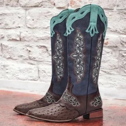 Men's Vintage Western Cowboy Boots with Intricate Embroidery and Ostrich Print - Stylish Mid-Calf Design for Rodeo, Festivals, and Casual Wear 2025