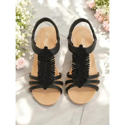 Women's Rhinestone Leaf Wedge Sandals – Boho Style Elastic Slingback Summer Shoes for Casual, Beach, or Vacation Wear 2025