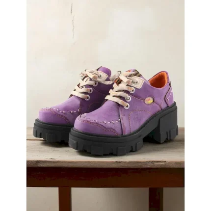 Women's Green Genuine Leather Chunky Sole Lace-Up Casual Shoes – Retro Leather Oxford Style Shoes for Autumn Fashion and Outdoor Walking 2025