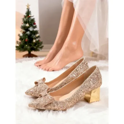 Women's Red Glitter Bow Heels, Sparkly Block Heel Party Shoes with Gold Heel for Christmas Celebrations, Weddings & Holiday Evenings 2025